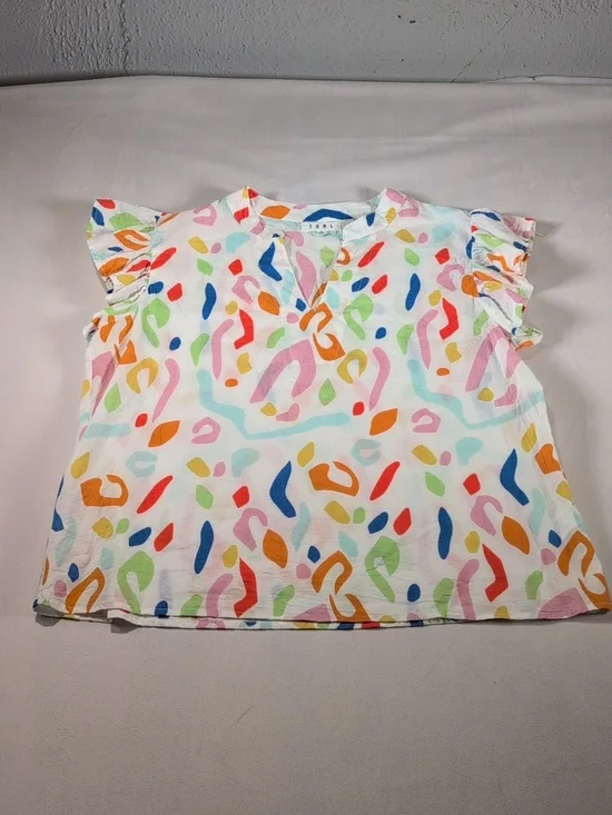 Anthropologie THML Abstract Cotton V-Neck Top with Flutter Sleeves Size Med - Picture 2 of 8